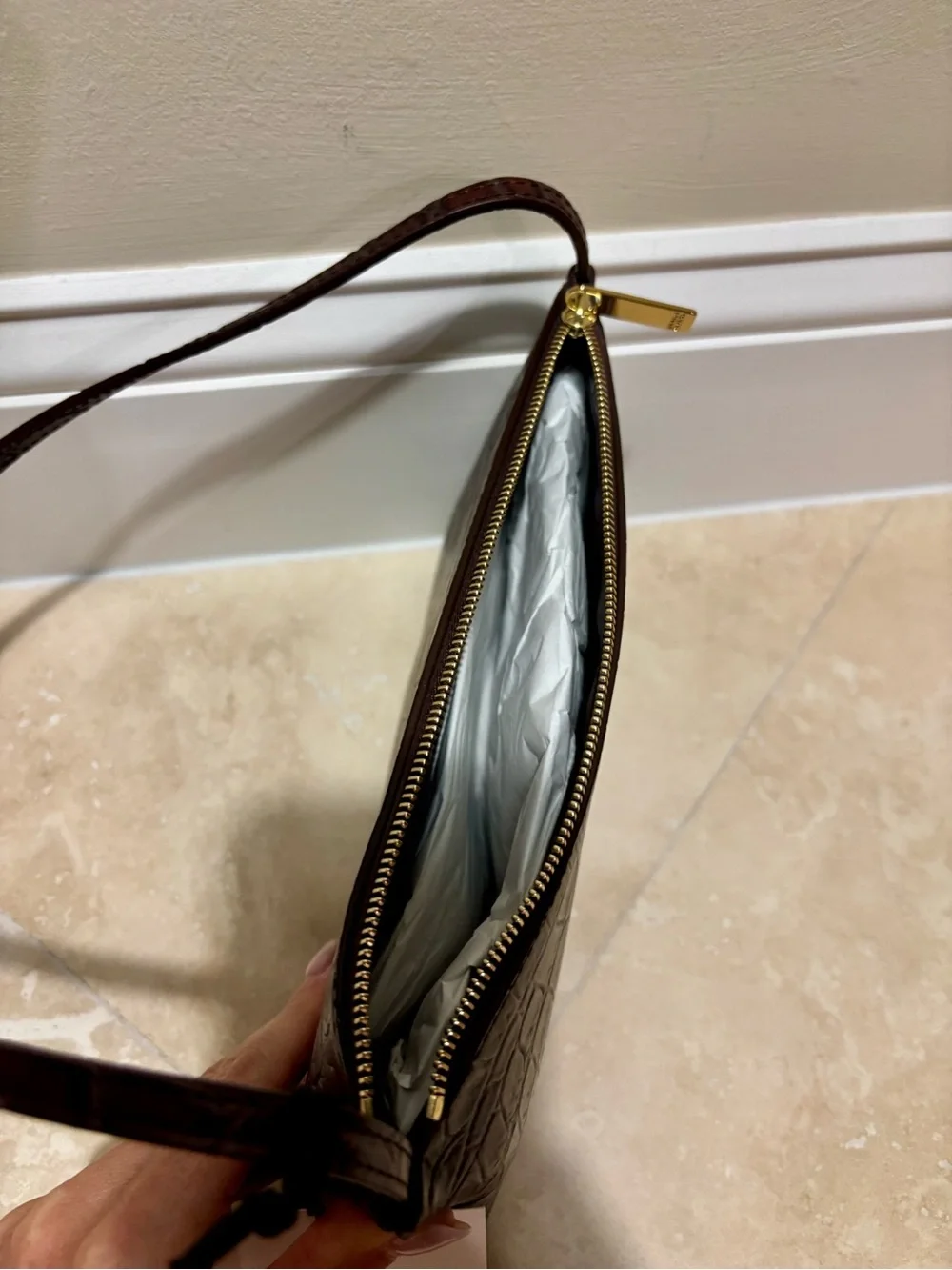 Mansur Gavriel Croc-Embossed Shoulder Bag in Dark Brown